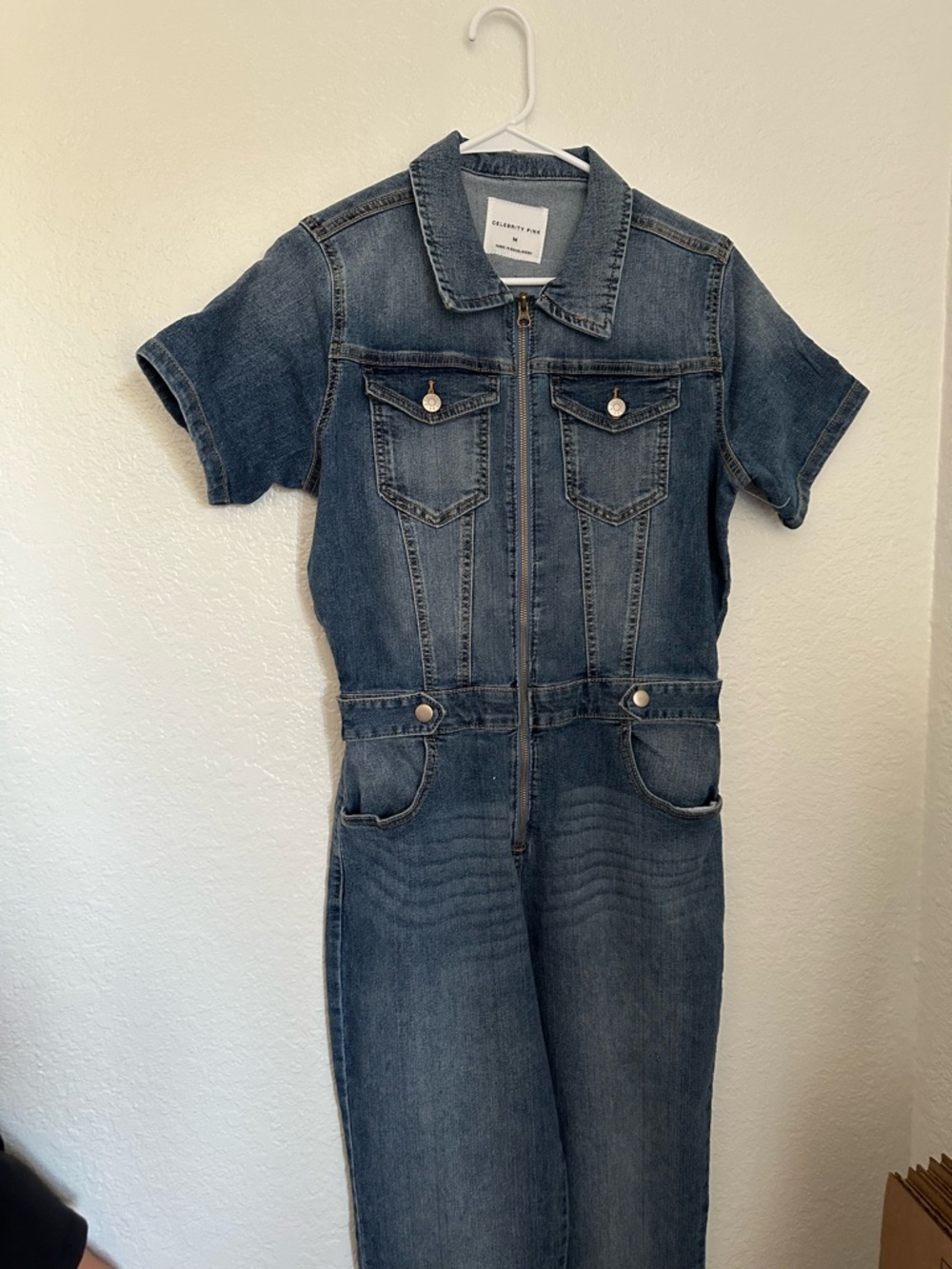 Denim Short-Sleeve Zip-Front Jumpsuit